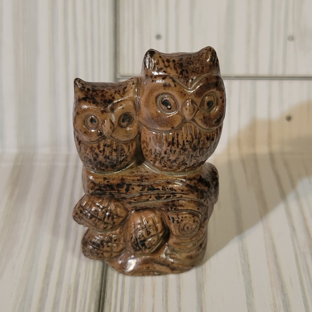 Vintage Brown Glazed Tiny Owls On A Perch Small Figurines